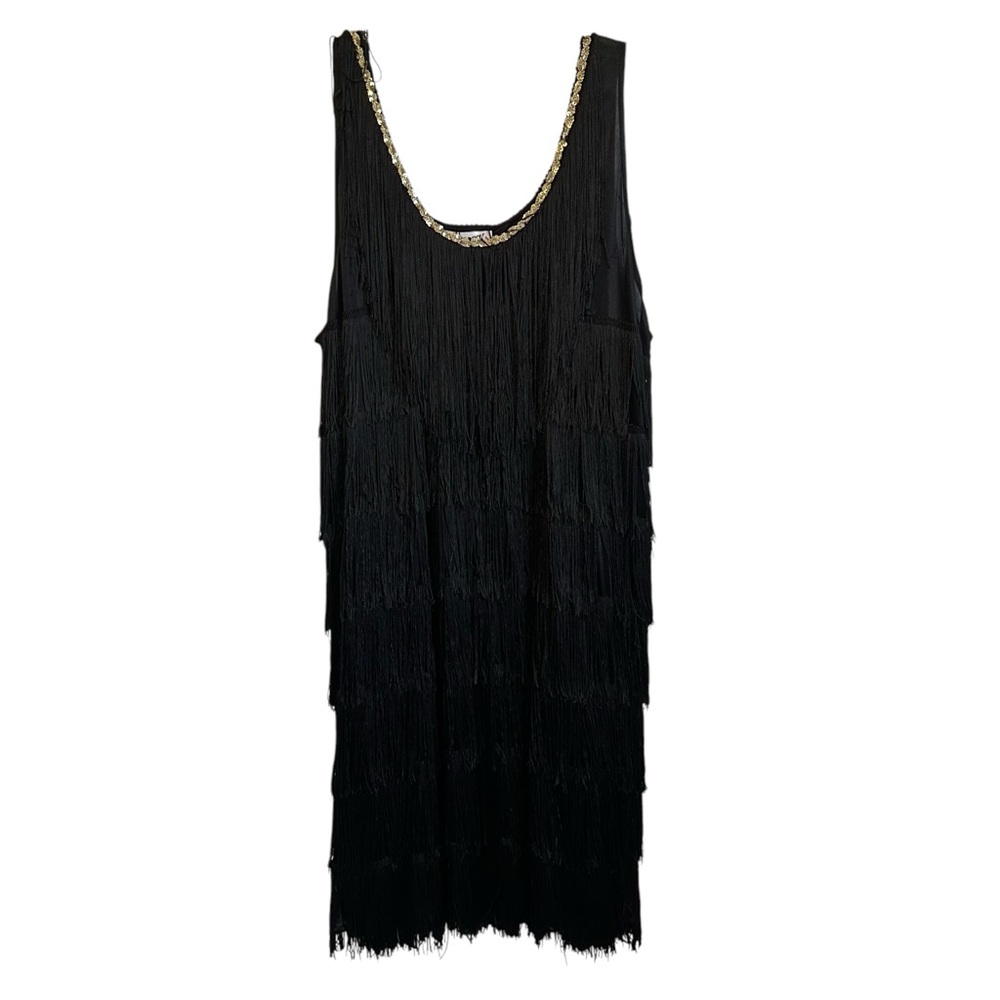 Vintage 90's Jerry Beck Black Tiered Fringe Sleeveless Flapper Dress sz 1x